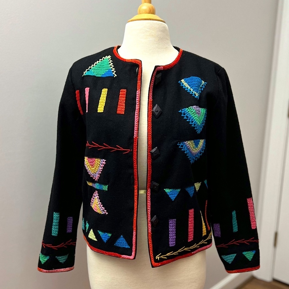 Sandy Starkman Vintage Boho Wool Embellished Wearable Art Jacket Sz. M